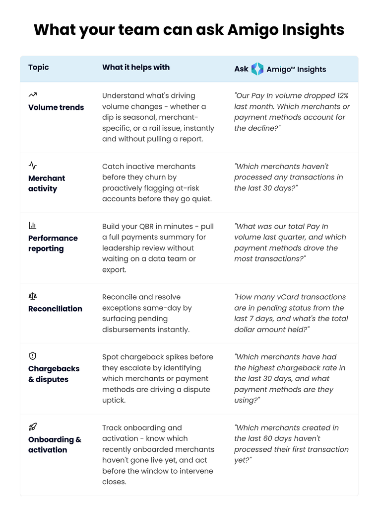 Examples of Amigo Insights questions by topic, covering volume trends, merchant activity, performance reporting, reconciliation, chargebacks, and onboarding.